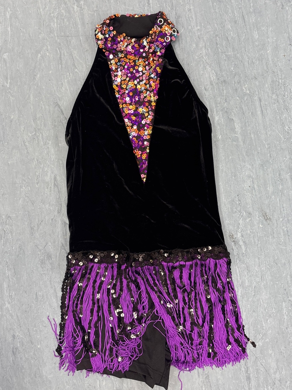 Weissman Black Velvet Dance Mini Romper with Purple Sequin Fringe